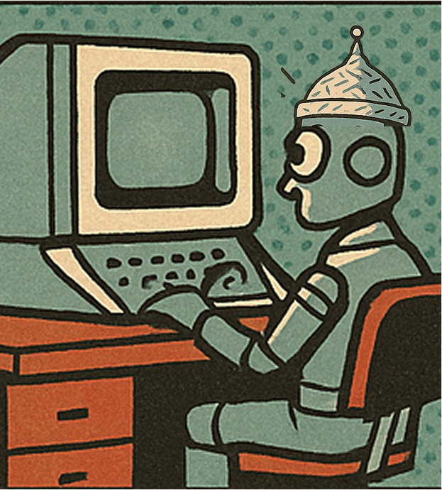 Illustration of a robot using a personal AI on a computer